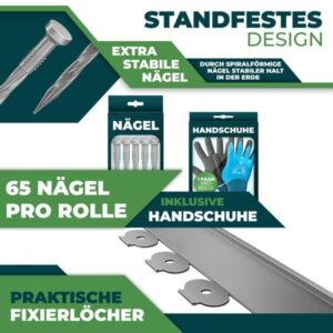 KESSER® Flexibele gazonrand van kunststof, lengte 10 m, hoogte 5 cm, met 50 grondankers + 1 paar han