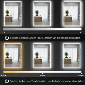 HOMCOM LED Badspiegel 70 x 50 cm met 3 lichtkleuren en touchschakelaar, IP44