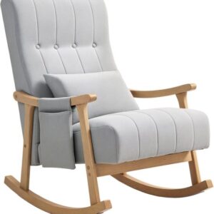 HOMCOM Schommelstoel - Linnenlook - Hout - met Zijvak en Kussen