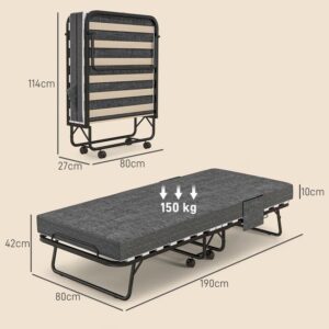 HOMCOM Opklapbed van polyester en staal - 190L x 80B x 42H cm - Donkergrijs