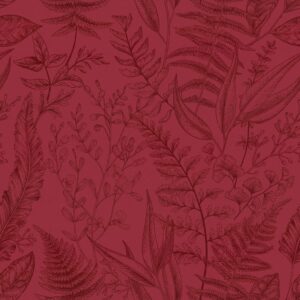 Behang Flora 18564 bordeauxrood met plantmotieven in Provençaalse landhuisstijl.
