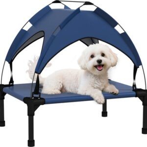 PawHut Verhoogd Hondenbed met Luifel, Buitenbed voor Mini- en Kleine Honden, Donkerblauw 61 x 46 x 6
