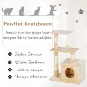 PawHut Krabpaal met sisal en pluche kattenspeelgoed, 80 cm hoog, beige