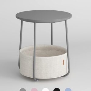 VASAGLE Bijzettafel Rond - 45 cm - met stoffen mand - opbergruimte - grijs/wit