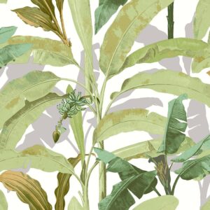 Flora 18541 Tropische behang met grote groene bladeren op witte achtergrond
