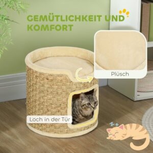 PawHut Kratztonne 37 cm, kattenhuis met deur en 2 niveaus, sisal, voor katten tot 5 kg, khaki