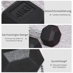 HOMCOM Zeshoekige dumbbellset van 2 gietijzeren dumbbells, 2 x 4 kg, zwart rubberen handvat