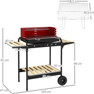 Outsunny Houtskoolgrill van metaal, 103L x 47B x 95H cm, rood, met pijnboomhout