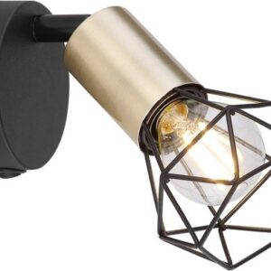 Industrieel wandlamp van zwart metaal en messing met hout | 1 lichtpunt | E14