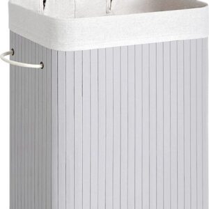 Songmics Bamboe Wasmand 72L met Deksel en Handgrepen, Opvouwbare Katoenen Zak, Grijs