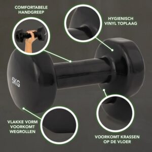 Tunturi Dumbbell set - 2 x 5,0 kg - Vinyl - Zwart - Inclusief gratis fitness app