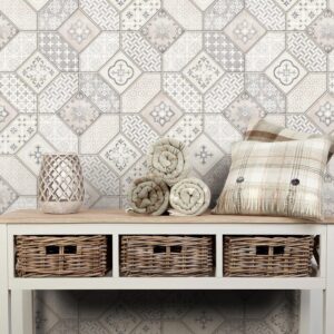 Vintage tegellook behang voor keuken en slaapkamer, landhuisstijl in wit en grijs