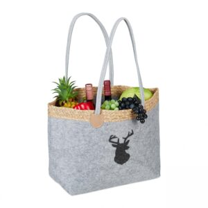Relaxdays vilten boodschappentas, 35 liter, opvouwbaar, met hert en 2 hengels, grijs