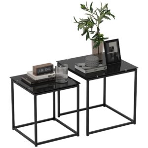 HOMCOM set van 2 bijzettafels, vierkante salontafels met glazen blad, zwart staal