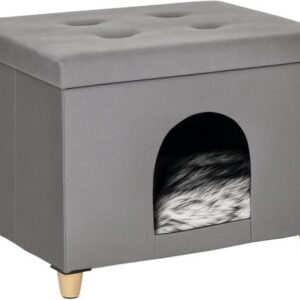 PawHut 2-in-1 kattenhuis en poef met kussen, zacht en elegant ontwerp, grijs 60 x 45 x 44,5 cm