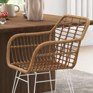 HOMCOM Eetkamerstoelen van PE Rattan, Staal - 56L x 60B x 79H cm - Lichtbruin + Wit