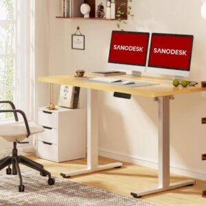SANODESK Elektrisch Zit/Sta Bureau, 120 x 60 cm, Hoogte Verstelbaar, Esdoorn met Haak