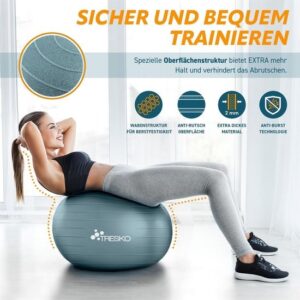 TRESKO® anti-burst gymnastiekbal 65 cm met luchtpomp (cool-grey-blue)