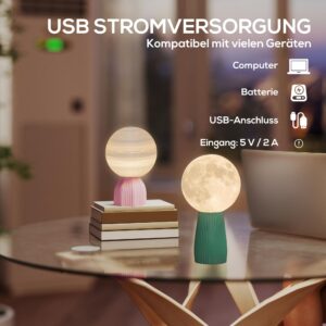 HOMCOM 2x LED Mond Tafel lamp met USB, 3 kleuren en 10 helderheidsniveaus, Wit