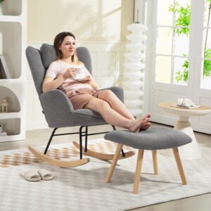 HOMCOM Schommelstoel met Hocker, Gevoerd, Relaxstoel met Lendenkussen, Beige