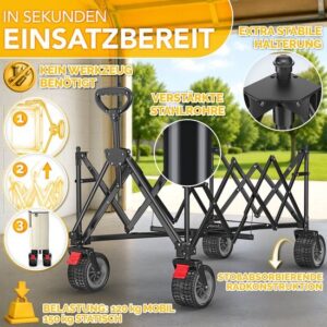 TRESKO® Opvouwbare Bolderwagen 215L met Rem | Inklapbare Handwagen 150kg met Rubber Banden