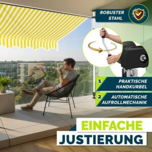 Tillvex Balkonluifel met handslinger, UV-bestendig en in hoogte verstelbaar (Geel/Wit, 250 cm)