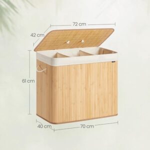 SONGMICS Bamboe wasmand met deksel, 3 compartimenten, 170 liter, opvouwbaar en wasbaar