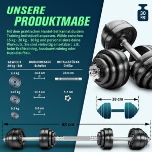 RE:SPORT 2-in-1 gietijzeren halterset, 30 kg, verstelbaar met korte/lange halter en verbindingsbuis