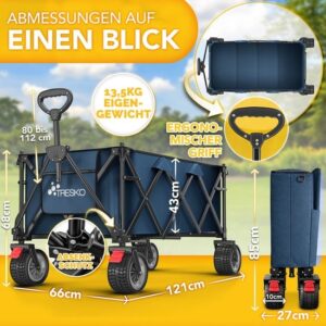 TRESKO® Opvouwbare Bolderwagen 215L met Rem | 150kg Handwagen met Massieve Banden
