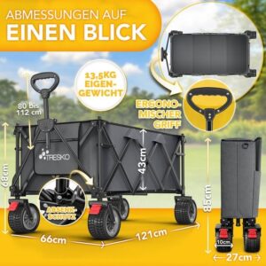 TRESKO® Opvouwbare Bolderwagen 215L met Rem | Handwagen 150kg | Strandwagen met brede wielen