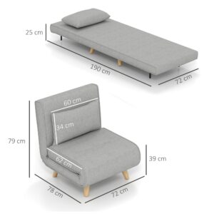 HOMCOM 3-in-1 klapbare slaapstoel met bedfunctie, lichtgrijs linnenlook