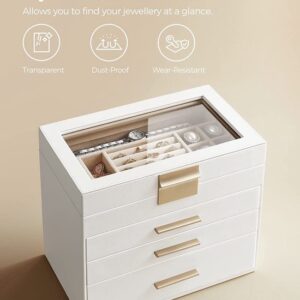 Moderne sieradendoos met 4 niveaus en glazen deksel, 3 laden, wolkenwit-goud