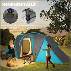 Outsunny Tunneltent, campingtent voor 4 personen met 2 slaapkamers, blauw