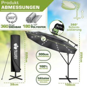 Tillvex Aluminium Zweefparasol met LED Solar Ø 300 cm + Hoes en Windbescherming