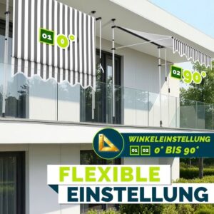 Tillvex Balkonluifel 200 cm grijs/wit met handslinger, zonder boren, UV-bestendig en waterdicht