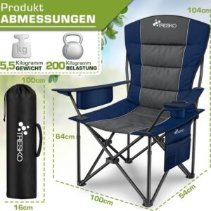 TRESKO® Opvouwbare Campingstoel tot 150 kg | Klapstoel met Armleuningen & Bekerhouder