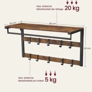 Wandkapstok met plank en 10 afneembare haken - Vintage Bruin/Zwart