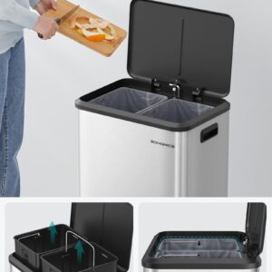 SONGMICS Dubbele Vuilnisbak 2 x 30 L voor Recycling, Roestvrij Staal, Softclose, Wolkwit