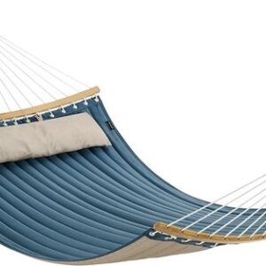 SONGMICS gewatteerde hangmat voor 2 personen met bamboe spreidstangen en kussen, blauw/beige
