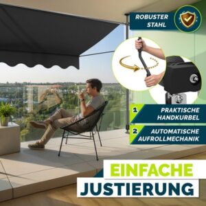 Tillvex Balkonluifel 300 cm antraciet met handslinger, zonder boren, UV-bestendig en verstelbaar
