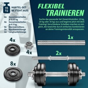 RE:SPORT 2-in-1 gietijzeren halterset, 15 kg, verstelbaar met korte/lange halter en verbindingsbuis