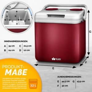 Tillvex Elektrische Koelbox, 32 liter, voor auto en camping, koelt en verwarmt (rood)