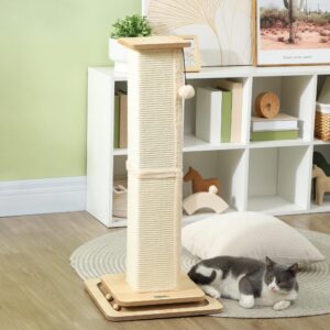 PawHut 3-in-1 Krabpaal voor Kittens, 67 cm met Sisal, Trackball en Hangbal
