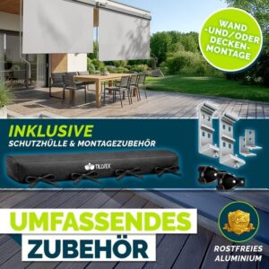 tillvex® Verticale zonwering 160 x 250 cm, waterdicht, voor binnen en buiten, met handslinger