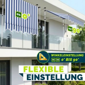 Tillvex Balkonluifel 200 cm blauw-wit met handslinger - zonder boren, UV-bestendig en verstelbaar