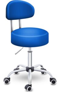 TRESKO® Rolkruk met leuning | Verstelbare werkkruk 47-60 cm | Draaikruk met wieltjes (Blauw)