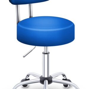 TRESKO® Rolkruk met leuning | Verstelbare werkkruk 47-60 cm | Draaikruk met wieltjes (Blauw)