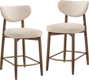 VASAGLE Barkrukset van 2 met rugleuning, linnenlook, cappuccino-beige en walnoot