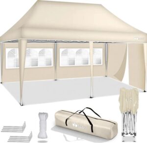 Tillvex pop-up vouwpaviljoen 3x6m beige, waterdicht, UV50+, met 3 zijwanden en draagtas