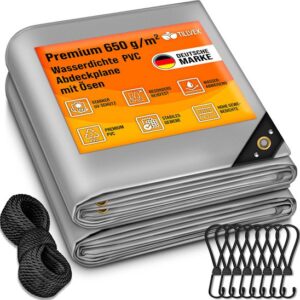 tillvex® Afdekzeil met ringen, 10 spanrubbers, 15 m touw, waterdicht en scheurvast, premium pvc